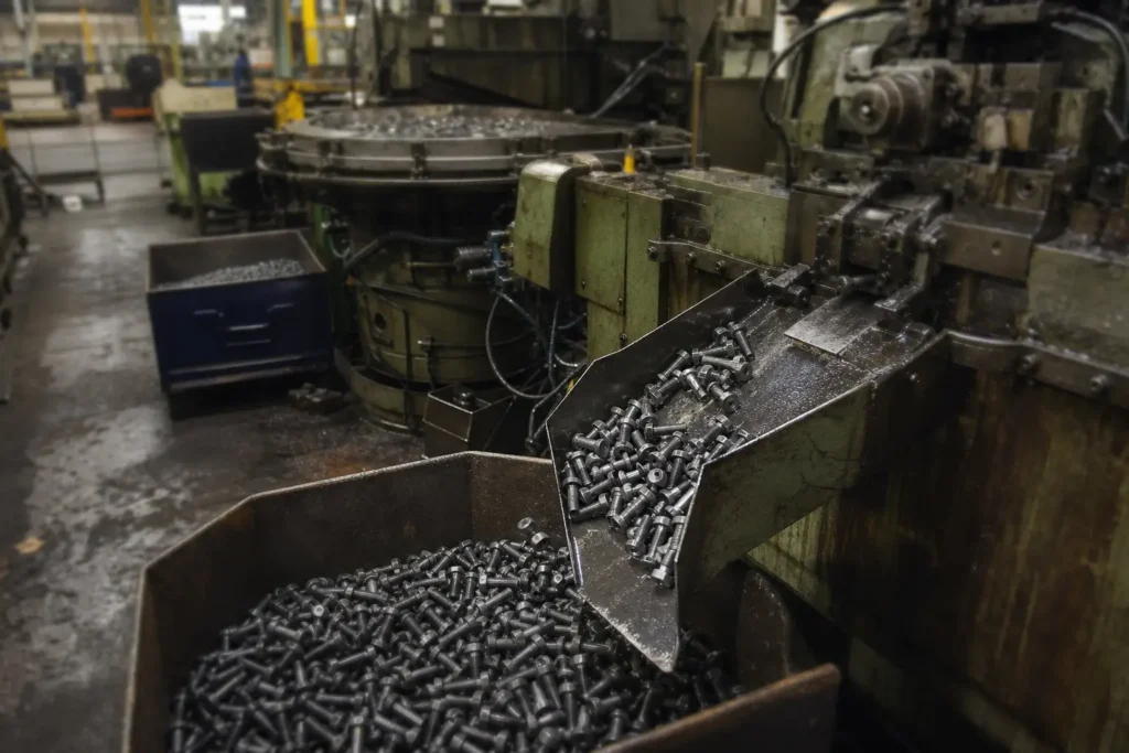 Cold heading machine discharging formed bolt blanks