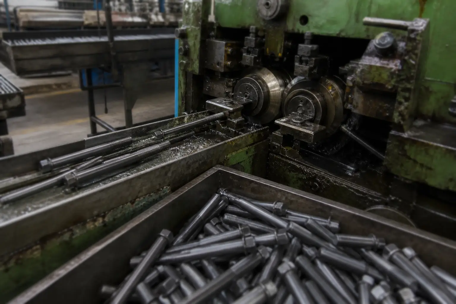 Thread rolling machine producing bolt threads