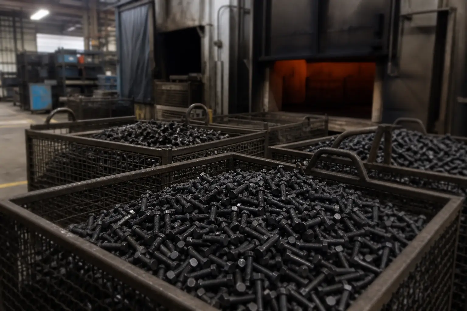 Baskets of bolts staged for heat treatment