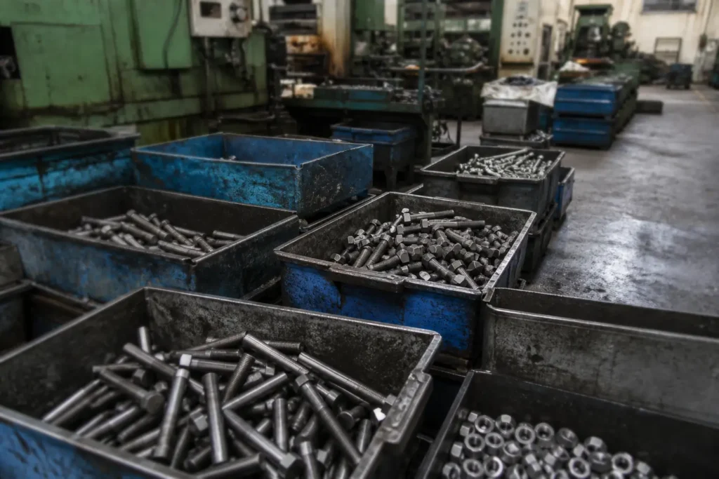 Bulk fastener bins on the factory floor