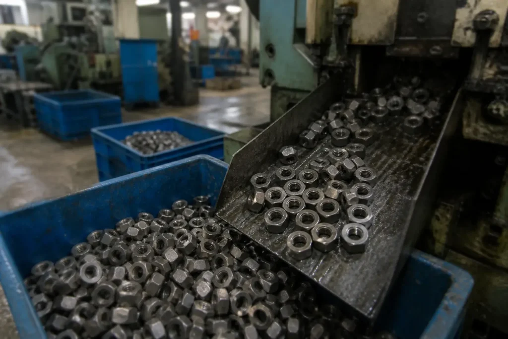 Nut production line discharging into a blue collection bin