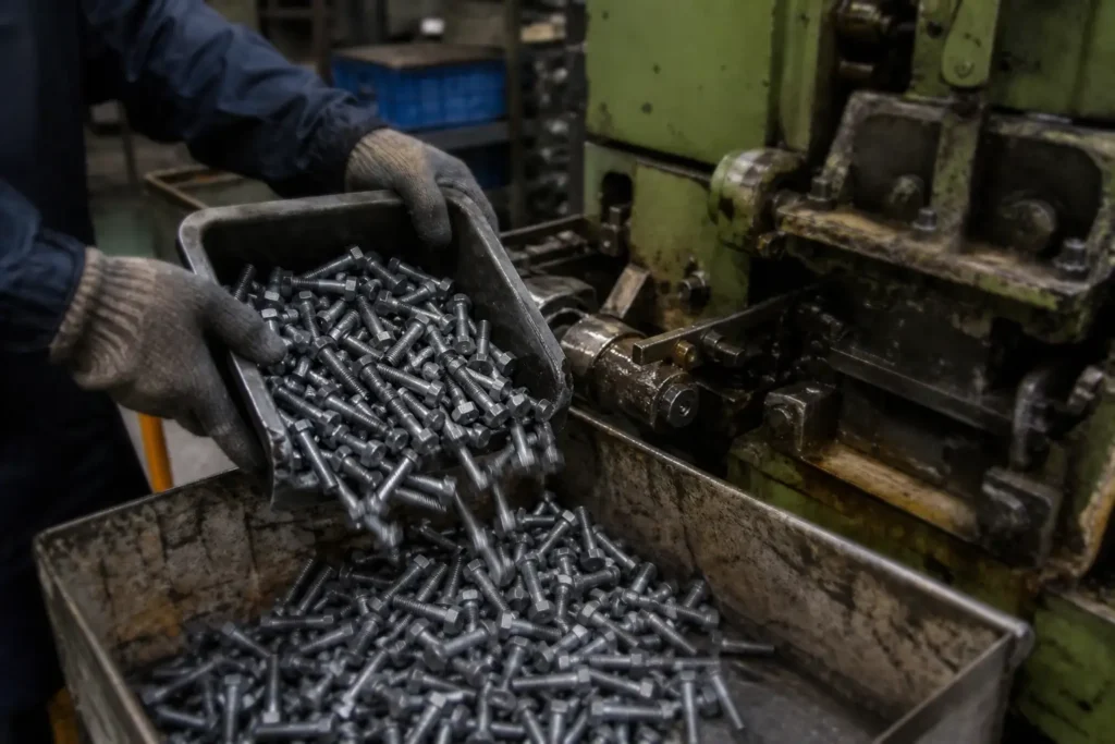 Operator pouring finished bolts on the production floor