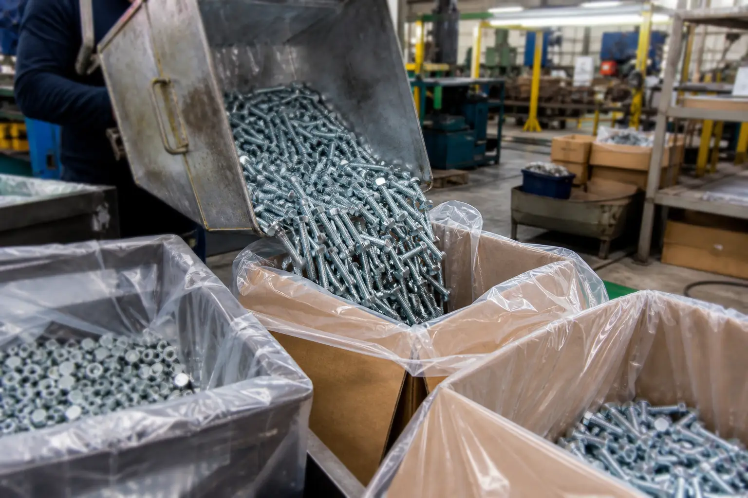 Finished bolts packed into a lined carton